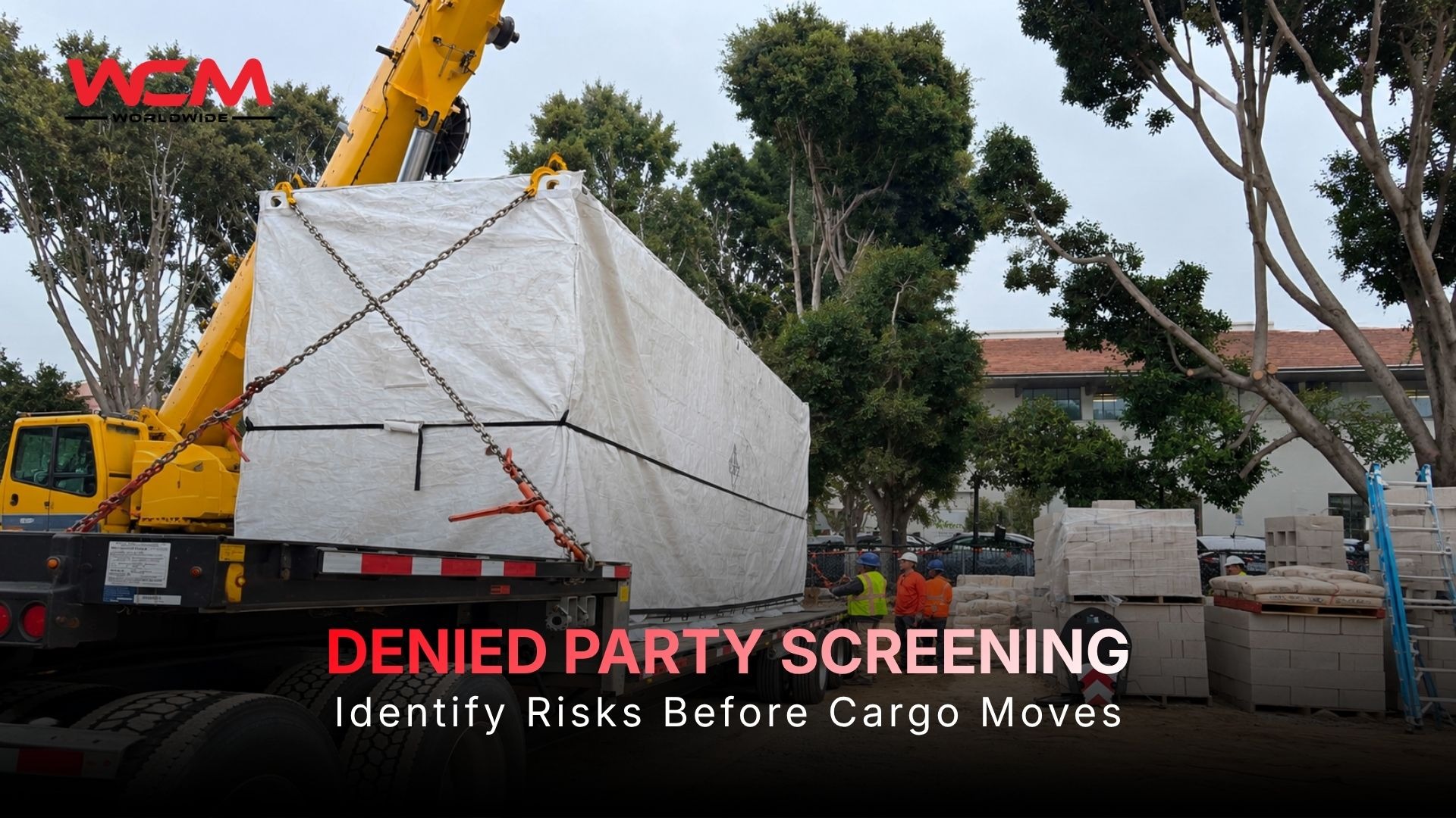 US export cargo at a container terminal illustrating denied party screening and restricted-party compliance checks