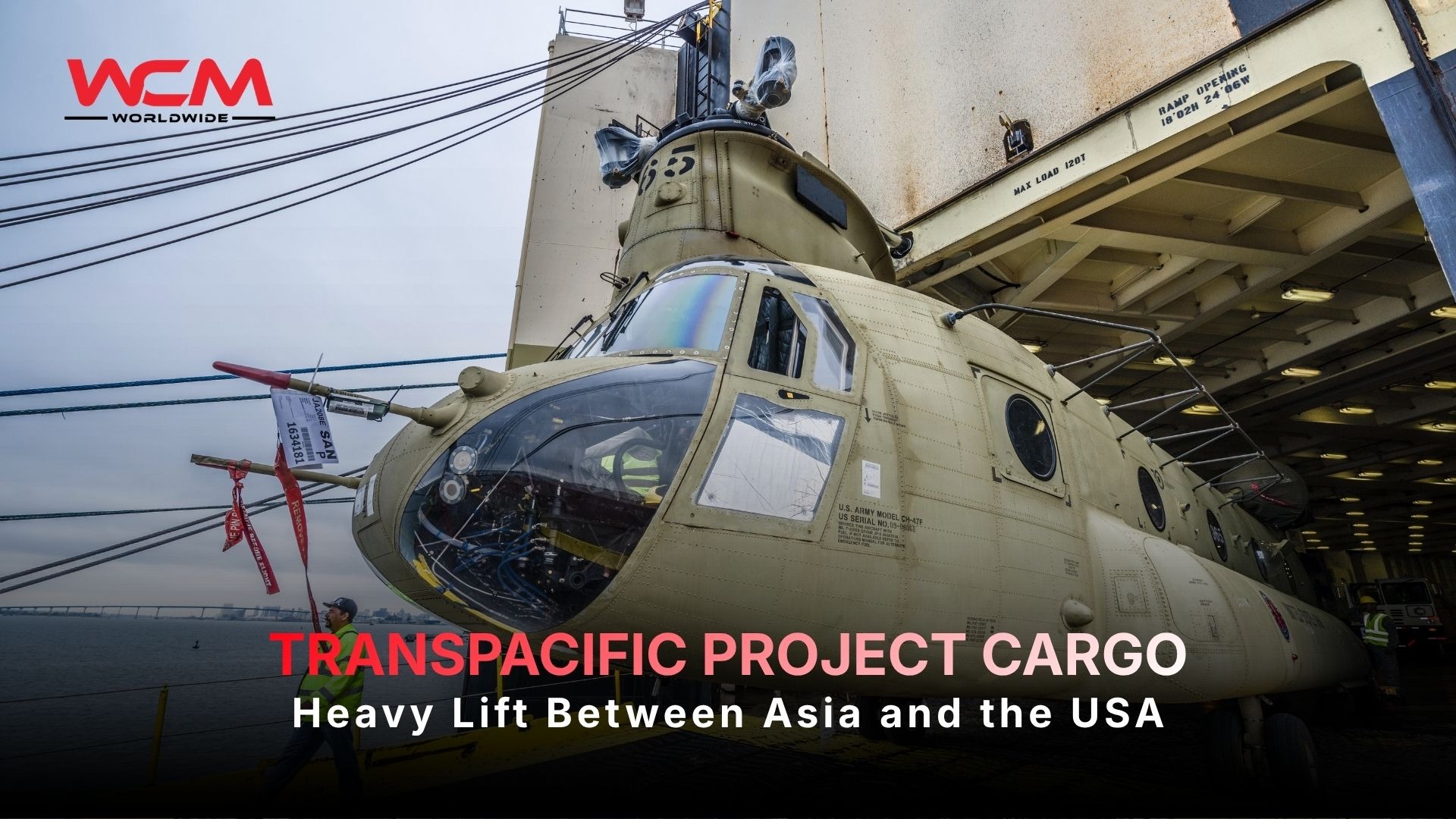Transpacific project cargo movement showing heavy lift and out-of-gauge equipment moving between Asian fabrication ports and US project cargo gateways